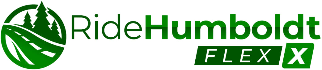 Ride Humboldt Flex Logo and headline. Vector art in green of a bus driving in front of trees and the Ride Humboldt Flex title beside it